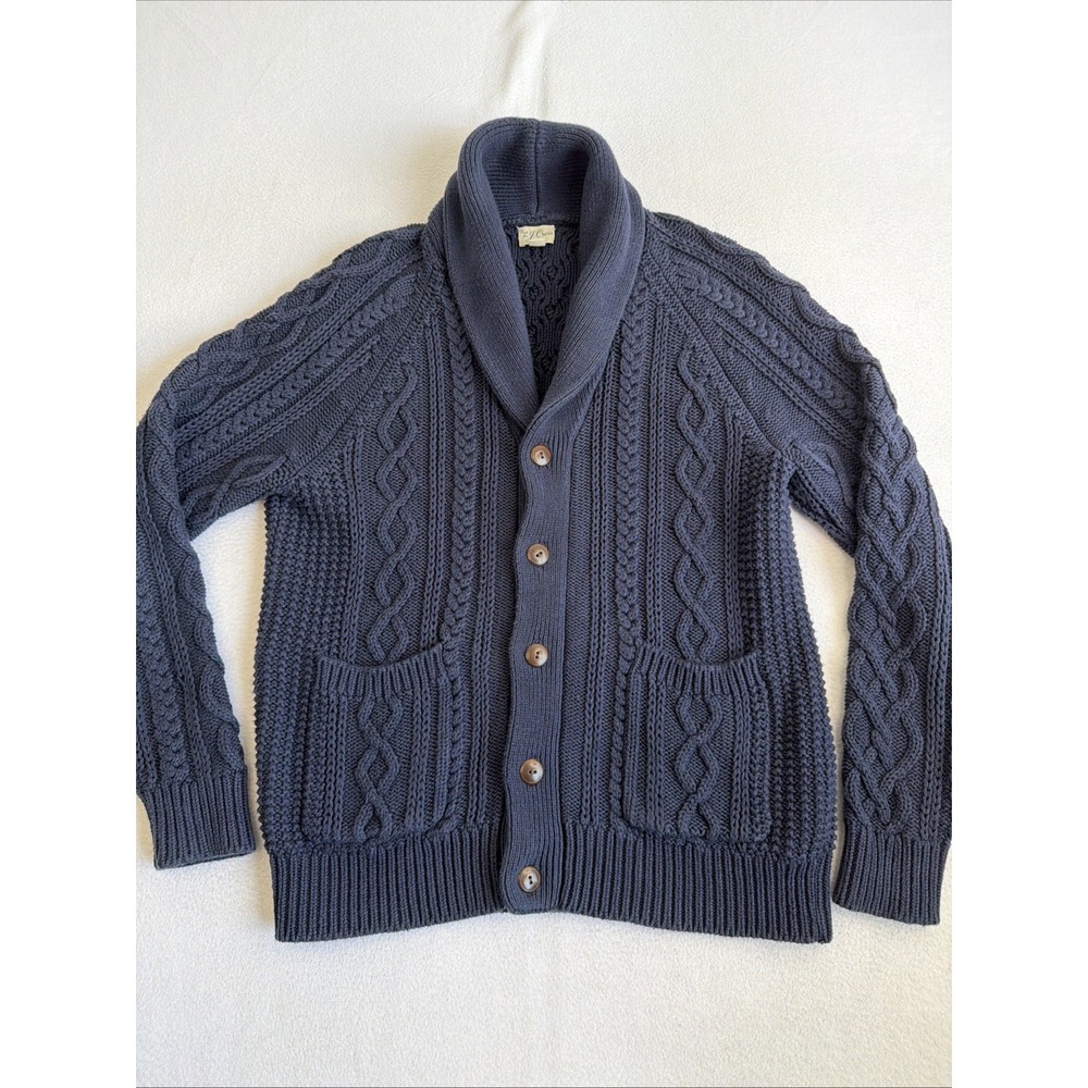 J. Crew Mens Cable Knit Shawl Cardigan Sweater Medium Navy Blue BA280 Chunky